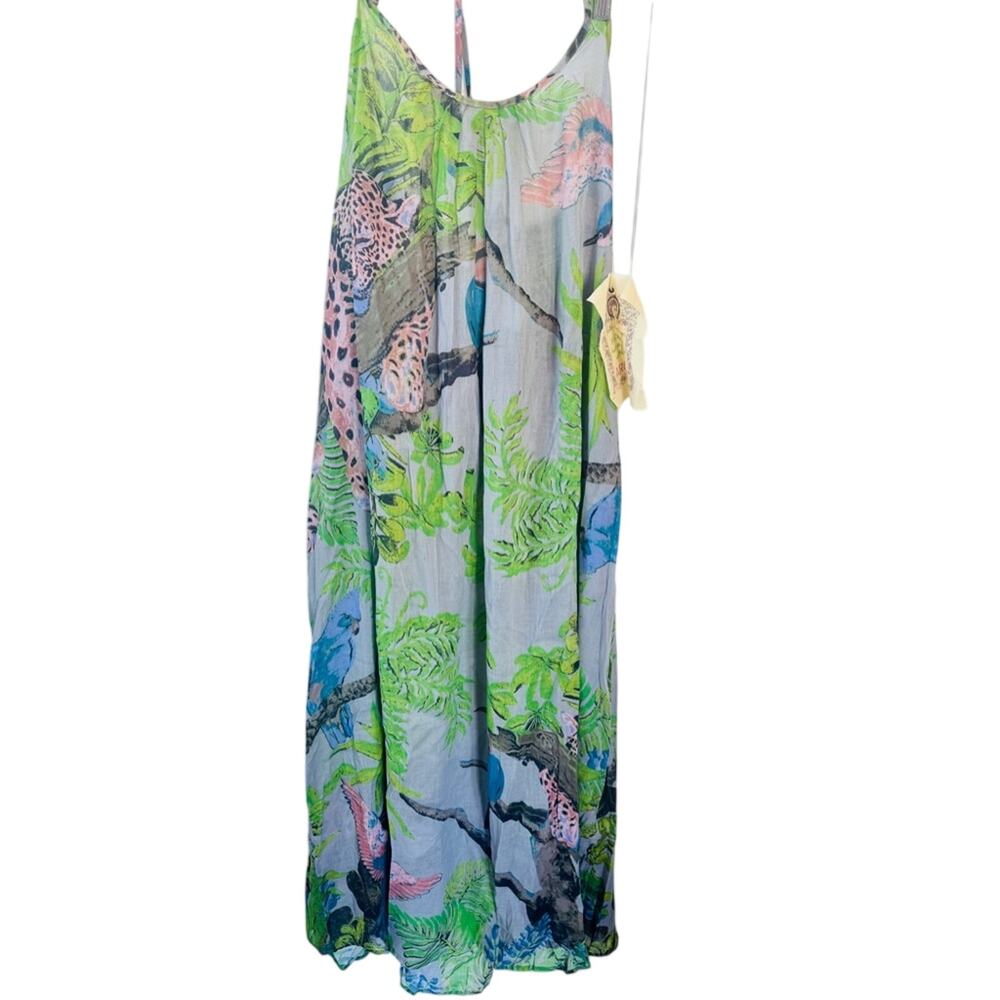 ARATTA Wild Nights Maxi Dress NWT Medium Leopard Bird Forest Print Boho Smocked